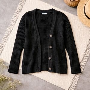 Sonoma Women's Size S Black Waffle Knit Chunky Button-Down Cardigan Sweater